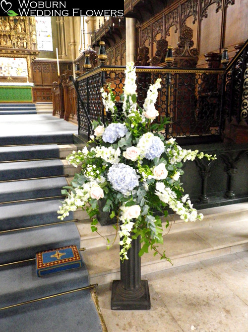 Rose, Hydrangea and Delphinium pedestal flower arrangement at St. Mary's Church, Woburn.