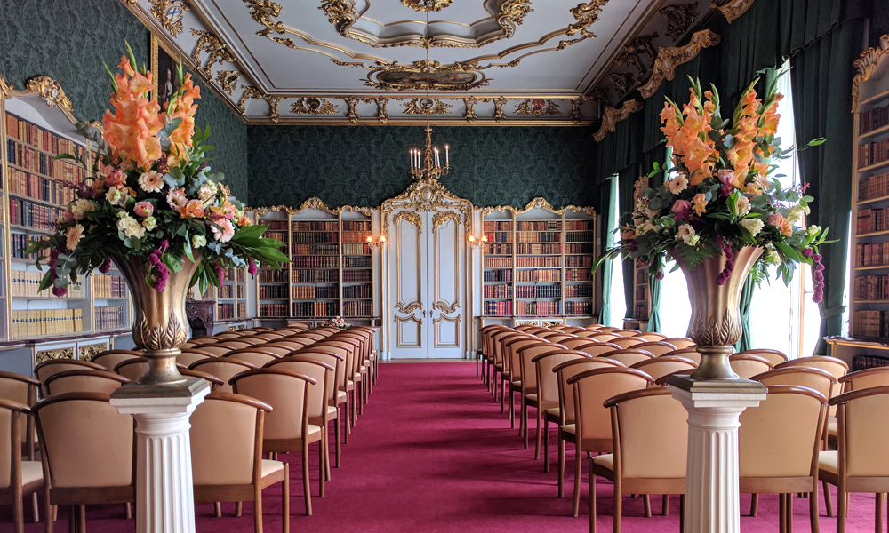 Wrest Park library with two pedestal arrangements.